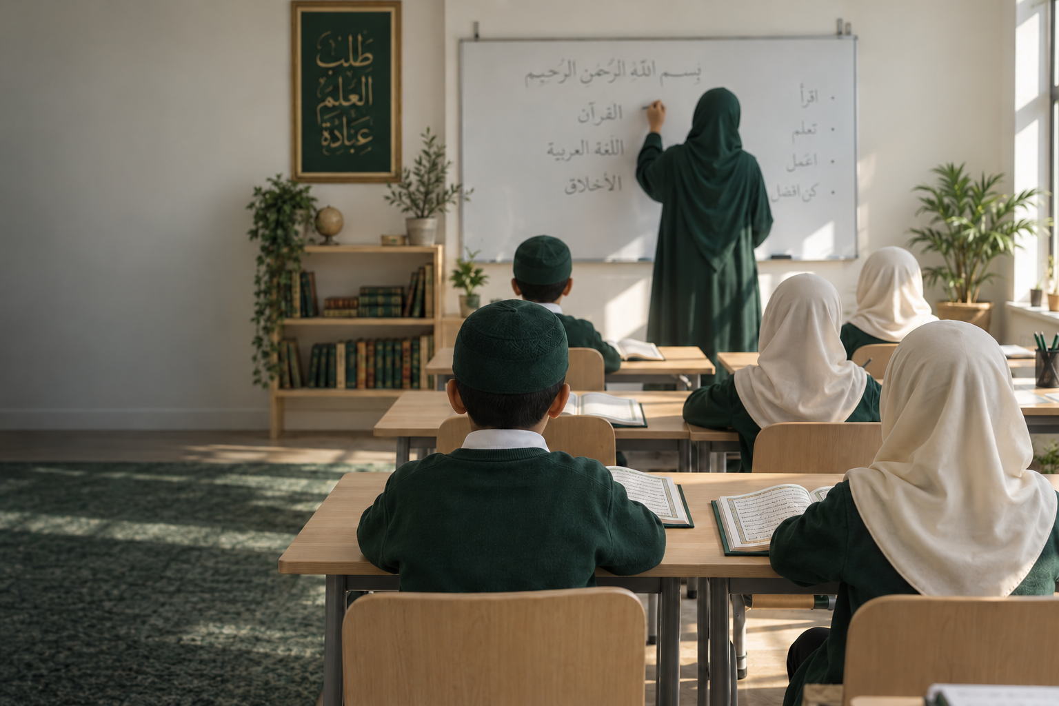 Illustrative scene of children learning Qur’an with a teacher in a bright Islamic school classroom